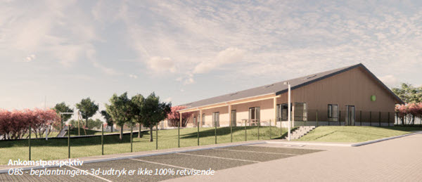 Illustration af det nye børnehus med træer og grønne områder.